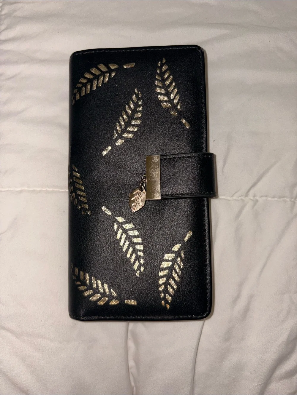 Black Wallet with Gold Leaf Accent - Women Accessories